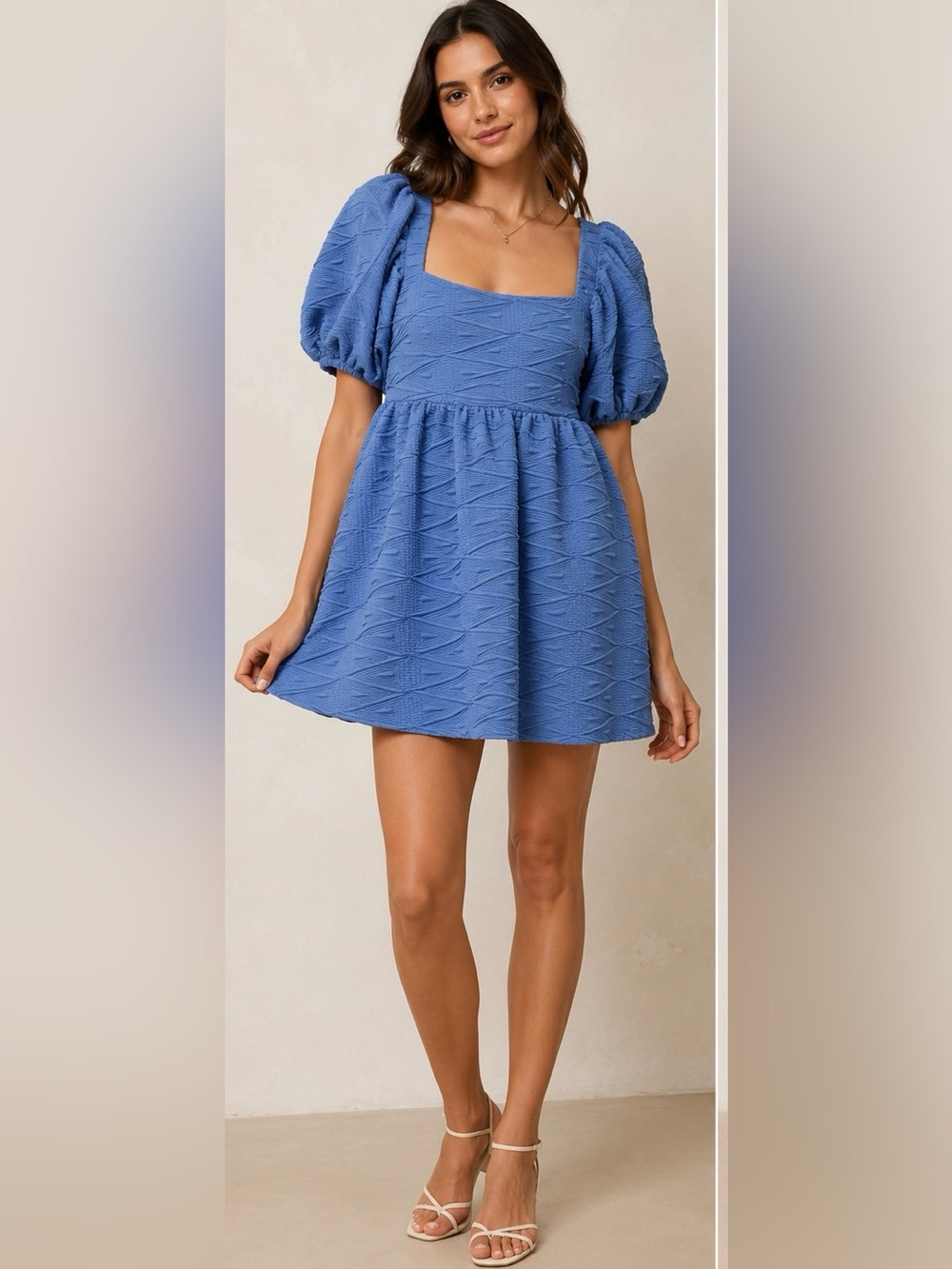 Free People Textured Puff Sleeve Mini Dress Blue Medium